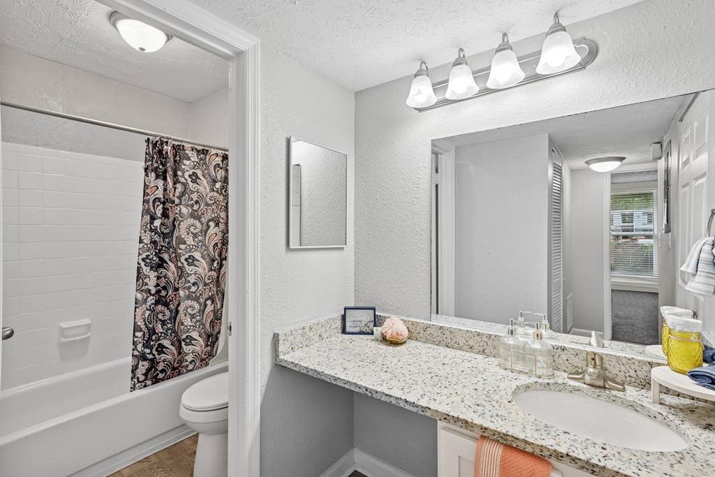 A bathroom with a white countertop and a large mirror.