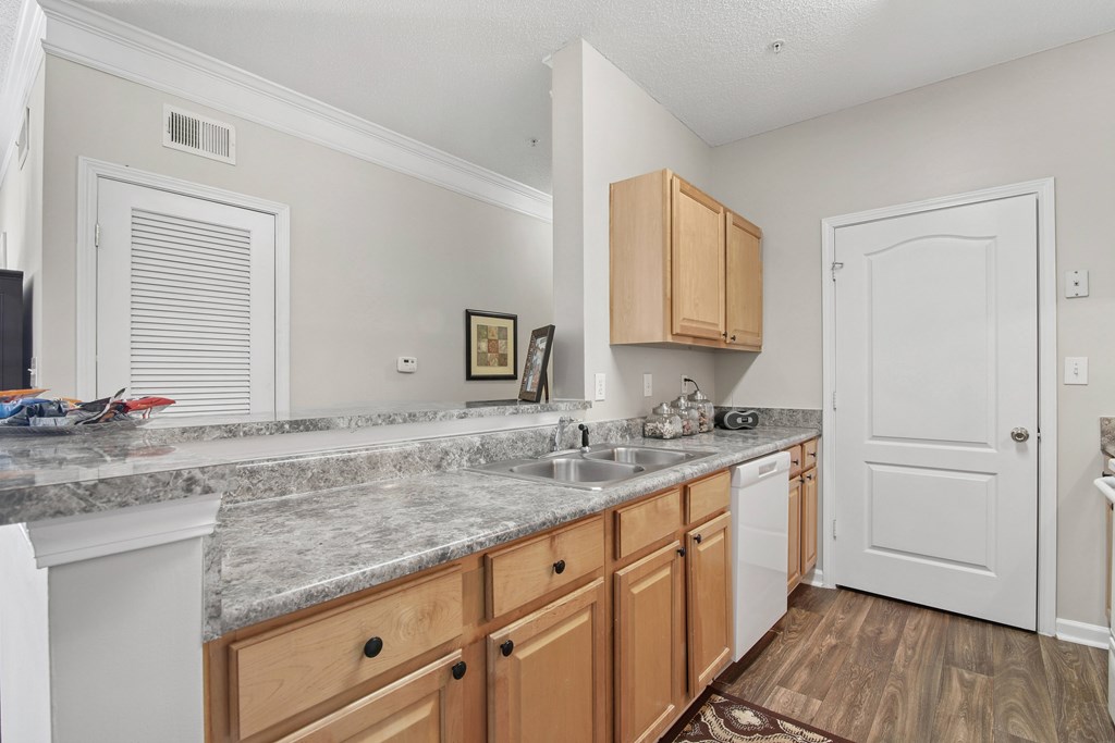 A kitchen with a white door and a brown counter.