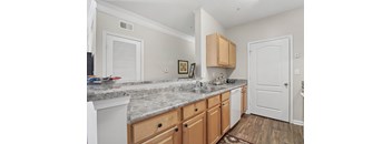 A kitchen with a white door and a brown counter.