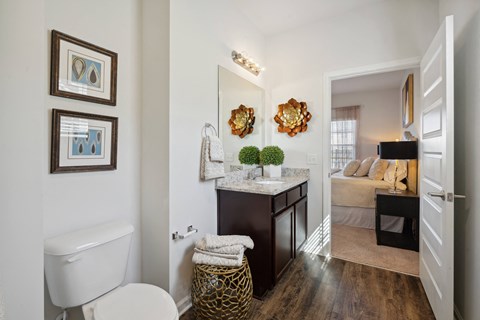 Bathroom with a toilet and a sink in a room with a bedroom  at The Meadows, Bloomingdale