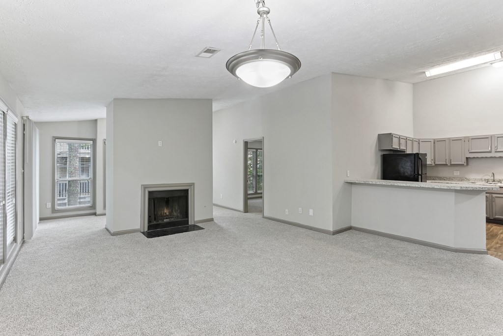 A living room with a fireplace and a television.