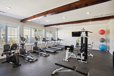 Gym with treadmills and other exercise equipment and windows  at The Meadows, Bloomingdale, GA