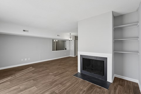 Spacious living room with fireplace and builtin shelves at Emory Woods Apartments, Durham, North Carolina