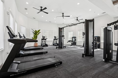 A spacious gym with treadmills, elliptical machines, and other exercise equipment.