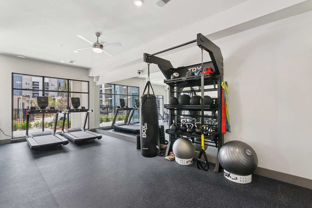 A gym with a variety of equipment including treadmills, weights, and a TRX suspension trainer.at The Delaney at East Park Apartments, Kennesaw, GA