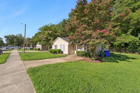 A tree with pink flowers is in front of a house.