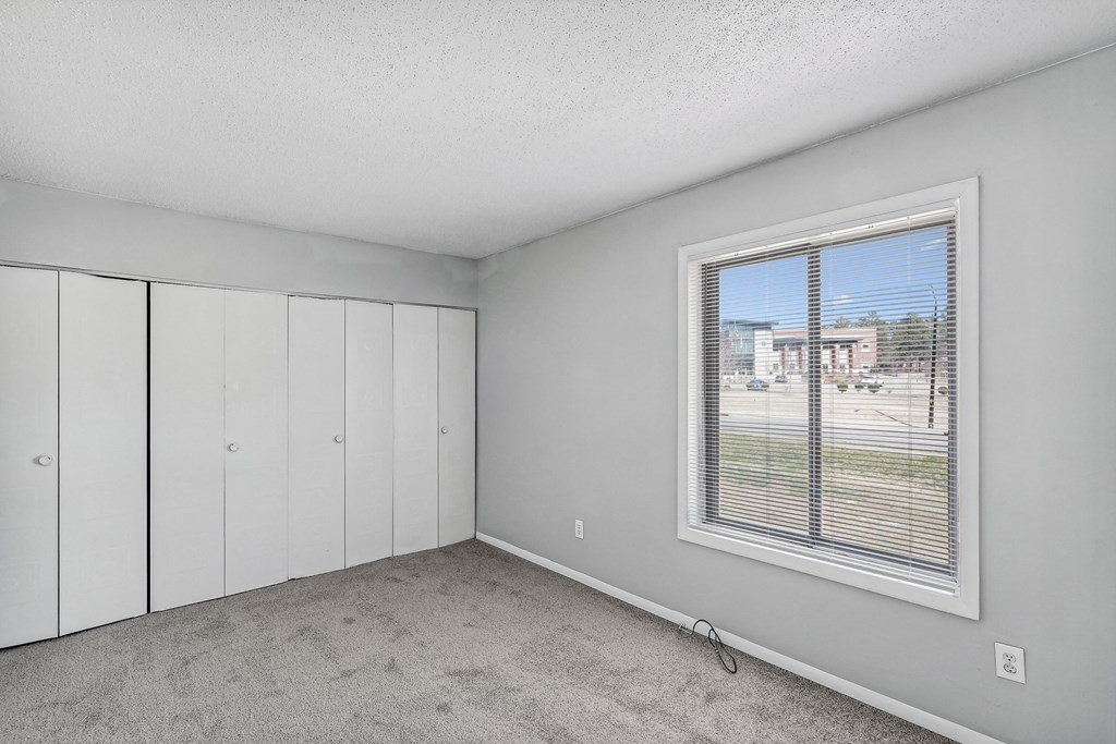 the living room of an apartment with a window and white closets