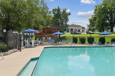 A pool surrounded by trees and chairs under umbrellas.