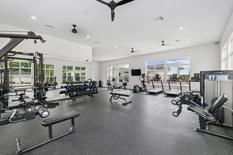 A spacious gym with a variety of equipment and a ceiling fan.at The Exchange at Crestview Apartments, Crestview, 32536
