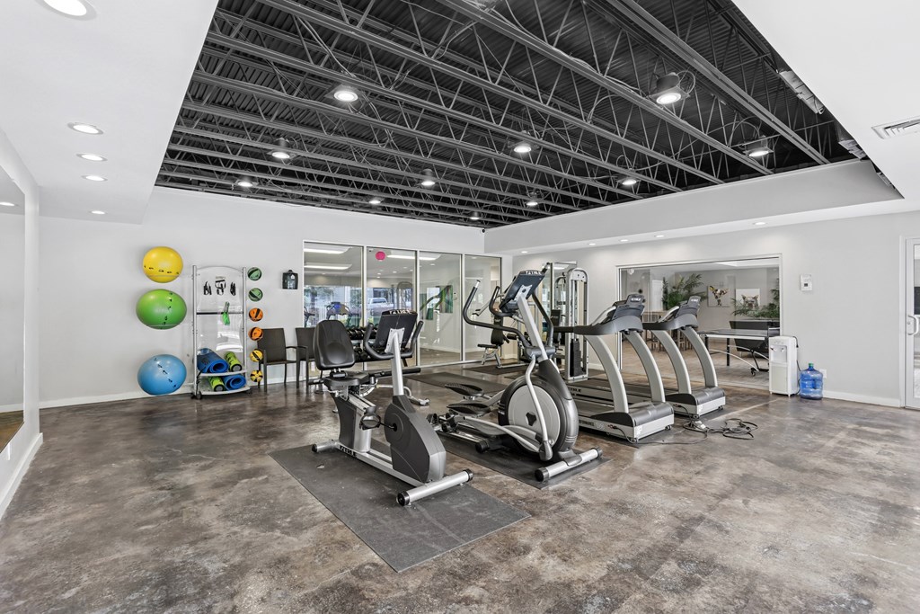 A gym with treadmills, exercise balls, and other equipment.