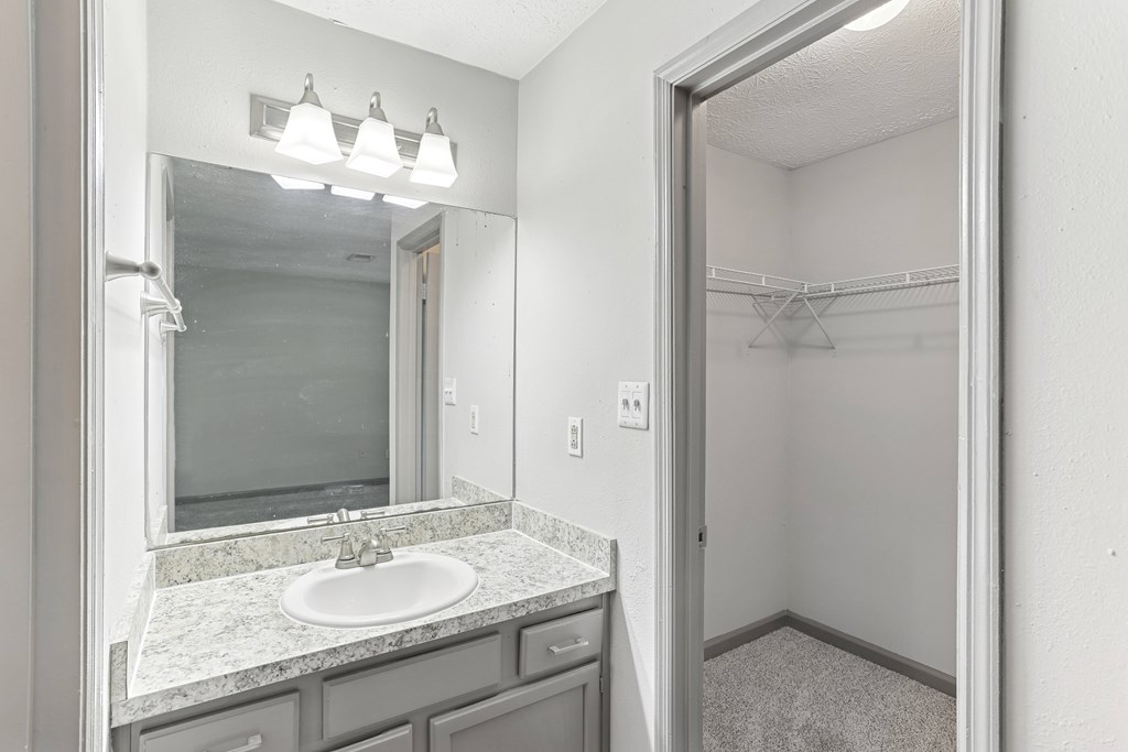 A bathroom with a sink, mirror, and a walk-in shower.