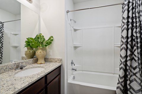Bathroom with a shower and a sink and a mirror  at The Meadows, Bloomingdale, GA