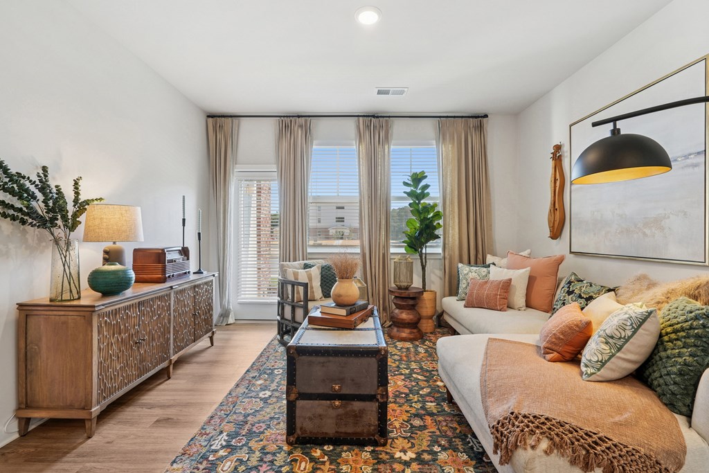 A living room with a brown sofa, a wooden cabinet, and a rug.