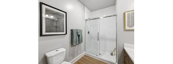 A bathroom with a toilet, a shower with a glass door, and a picture on the wall.