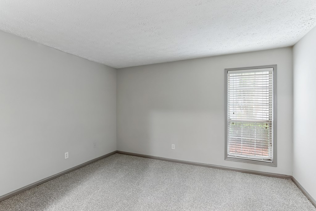 A room with a window and a carpeted floor.