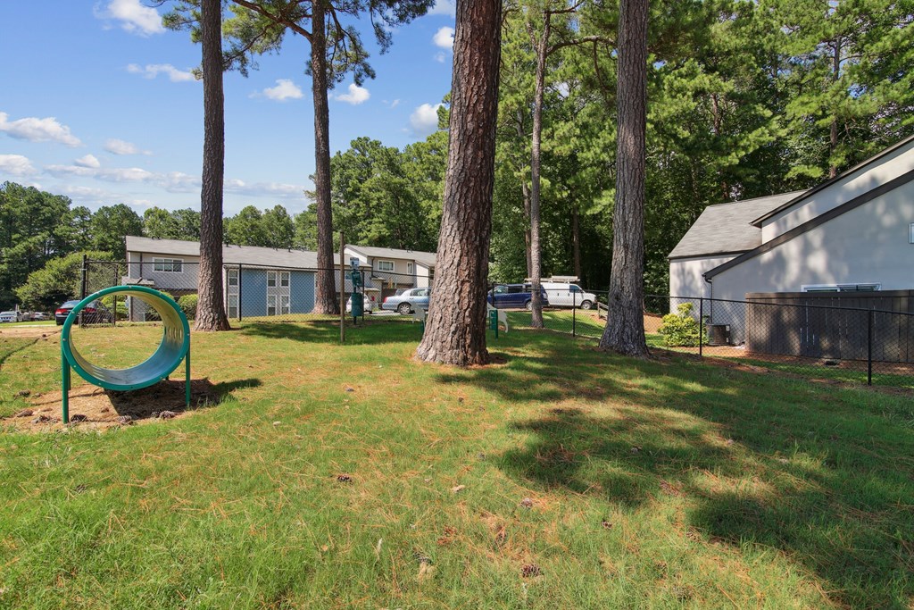 A playground with a green slide and a tree in the foreground.