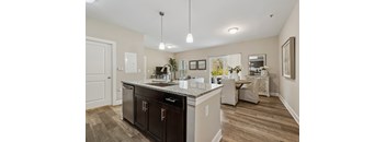 A kitchen with a black counter top and brown cabinets.