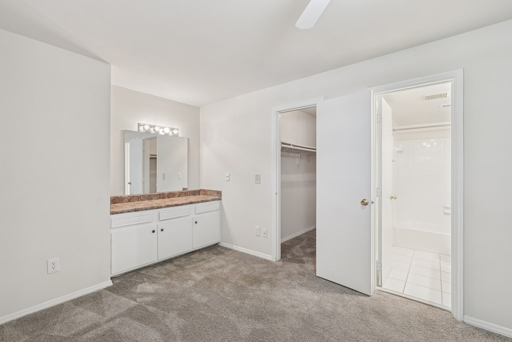 A room with a vanity and a mirror.