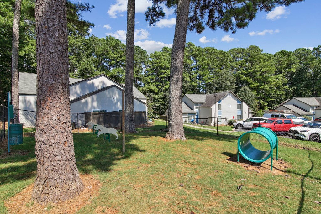 A playground with a green slide and a white dog in the background.