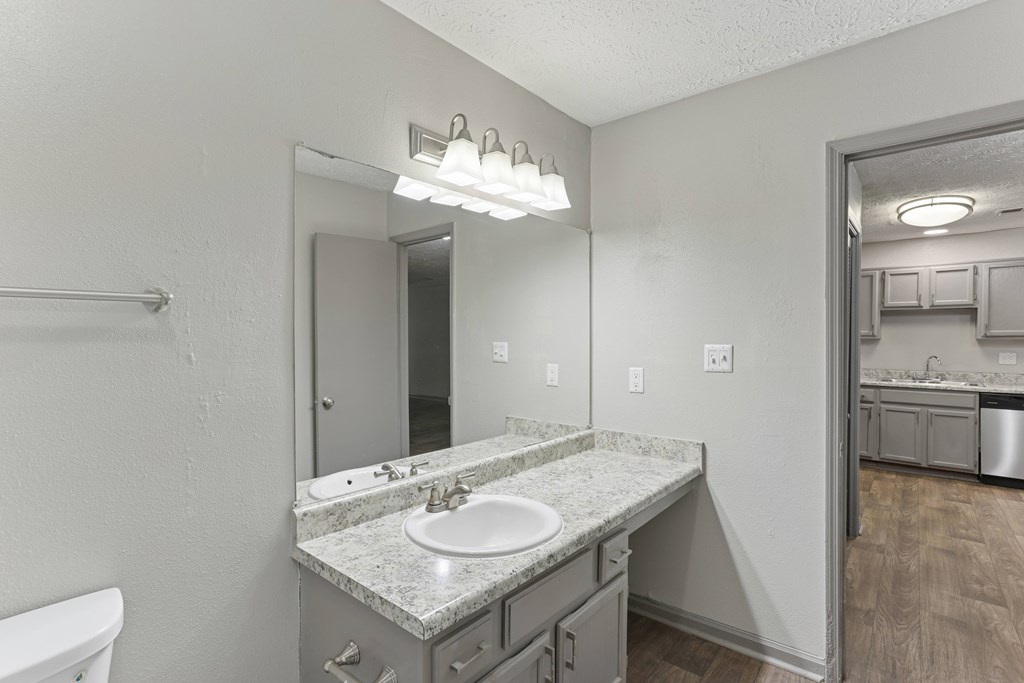 A bathroom with a sink, mirror, and a toilet.