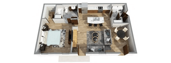 A 3D floor plan of a house with a kitchen, living room, dining room, and bedrooms.