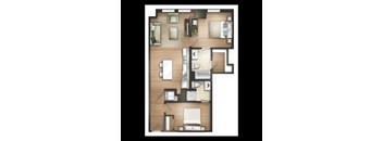 A floor plan of a two-bedroom apartment with a living room, kitchen, and bathroom.