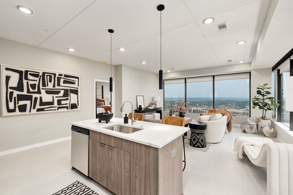 Kitchen Island and Living Area at The 600, Birmingham, AL