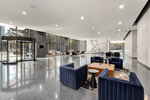 Modern lobby entrance with polished terrazzo flooring at The 600 Apartments, Alabama