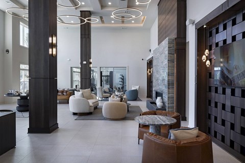 A modern living room with a black and white color scheme at The Waverly at Winter Haven Apartments, Winter Haven, FL, 33884