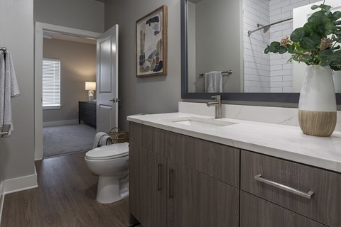 A bathroom with a toilet, sink, and mirror at The Waverly at Winter Haven Apartments, Winter Haven, FL