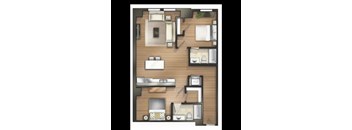 A floor plan of a house with a kitchen, living room, and two bedrooms.