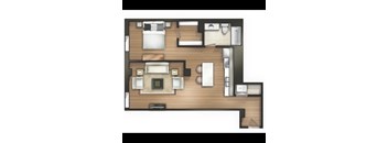 A floor plan of a room with a kitchen, living room, and two bedrooms.