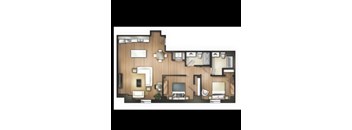 A floor plan of a house with a kitchen, living room, and two bedrooms.