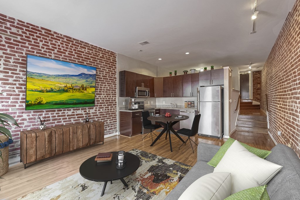 a living room with a couch and a table