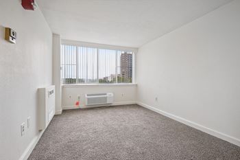 an empty room with carpet and a window