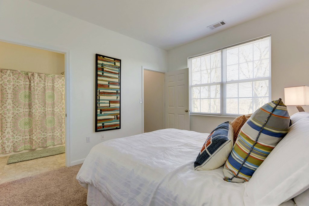 a bedroom with a bed and two windows