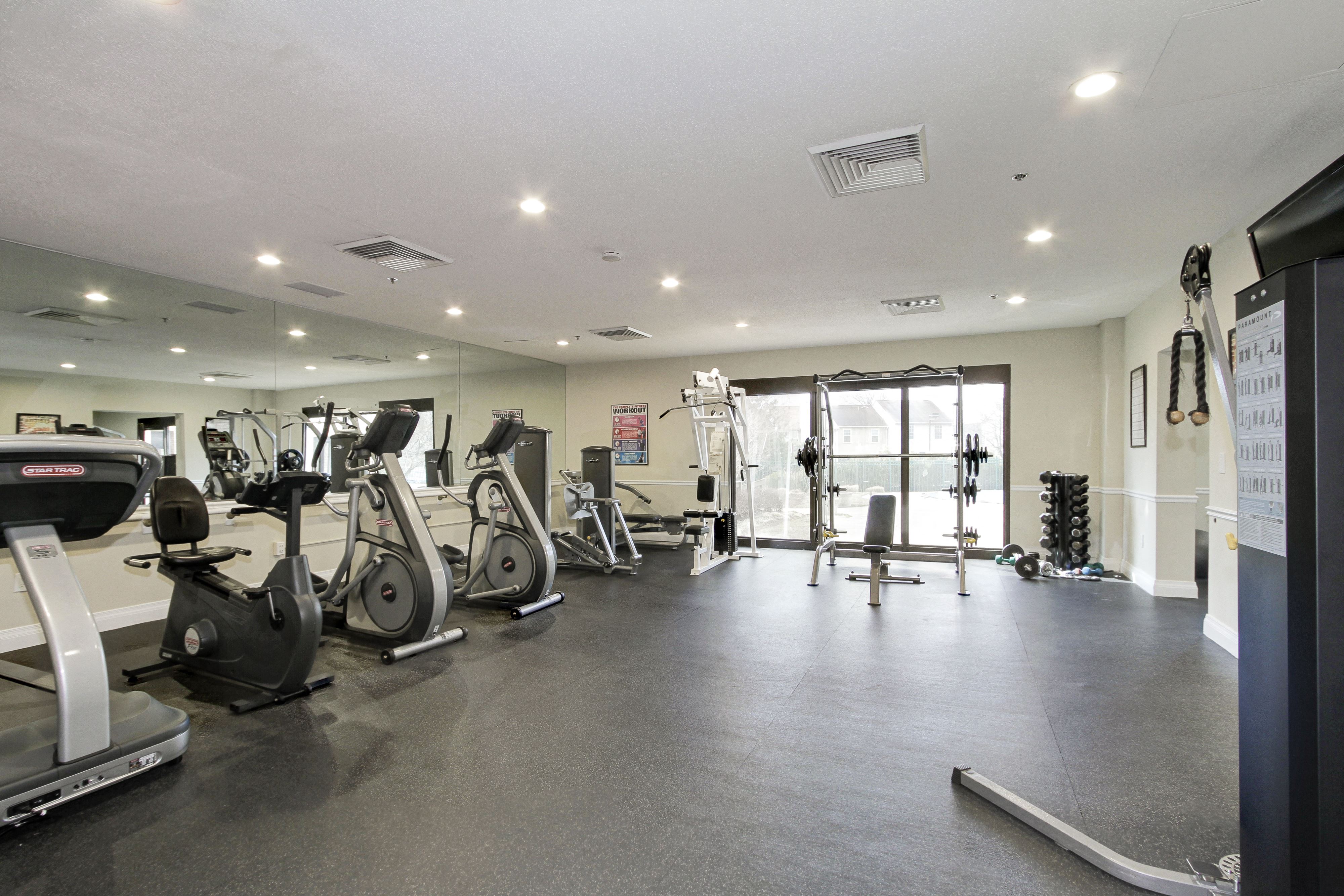 a gym with cardio machines and weights on the floor and a window