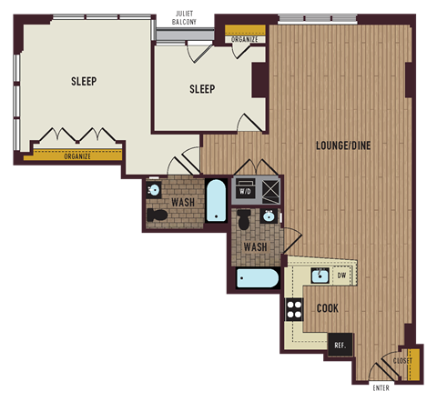 the floor plan of a bedroom apartment with a living room and a dining room