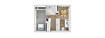 A top-down view of a small, neatly organized apartment with a bed, a couch, a dining table, and a bathroom.