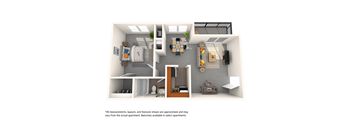 Apartment layout with a kitchen, living room, and bathroom.