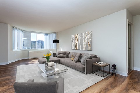 a living room with a couch and a coffee table