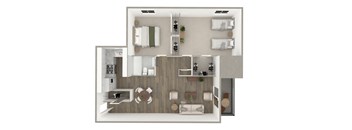 A floor plan of a house with a kitchen, living room, and two bedrooms.