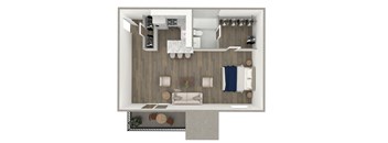 A top-down view of a small apartment with a kitchen, living room, and bathroom.