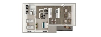 A top-down view of a small, neatly organized apartment with a kitchen, living room, and bathroom.