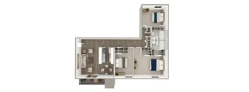 A floor plan of a house with a kitchen, living room, and two bedrooms.