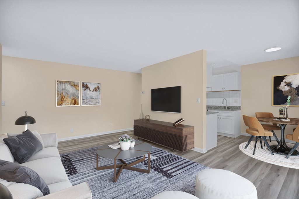 A living room with a grey sofa, a coffee table, and a television.