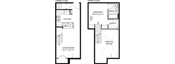 A floor plan shows a living room, a kitchen, a bedroom, a bathroom, and a closet on the upper floor.