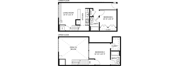 A floor plan shows the layout of a two-story apartment with a living room, kitchen, two bedrooms, and bathrooms.
