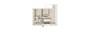 a 3d floor plan of a house with an arrow pointing to the bedroom