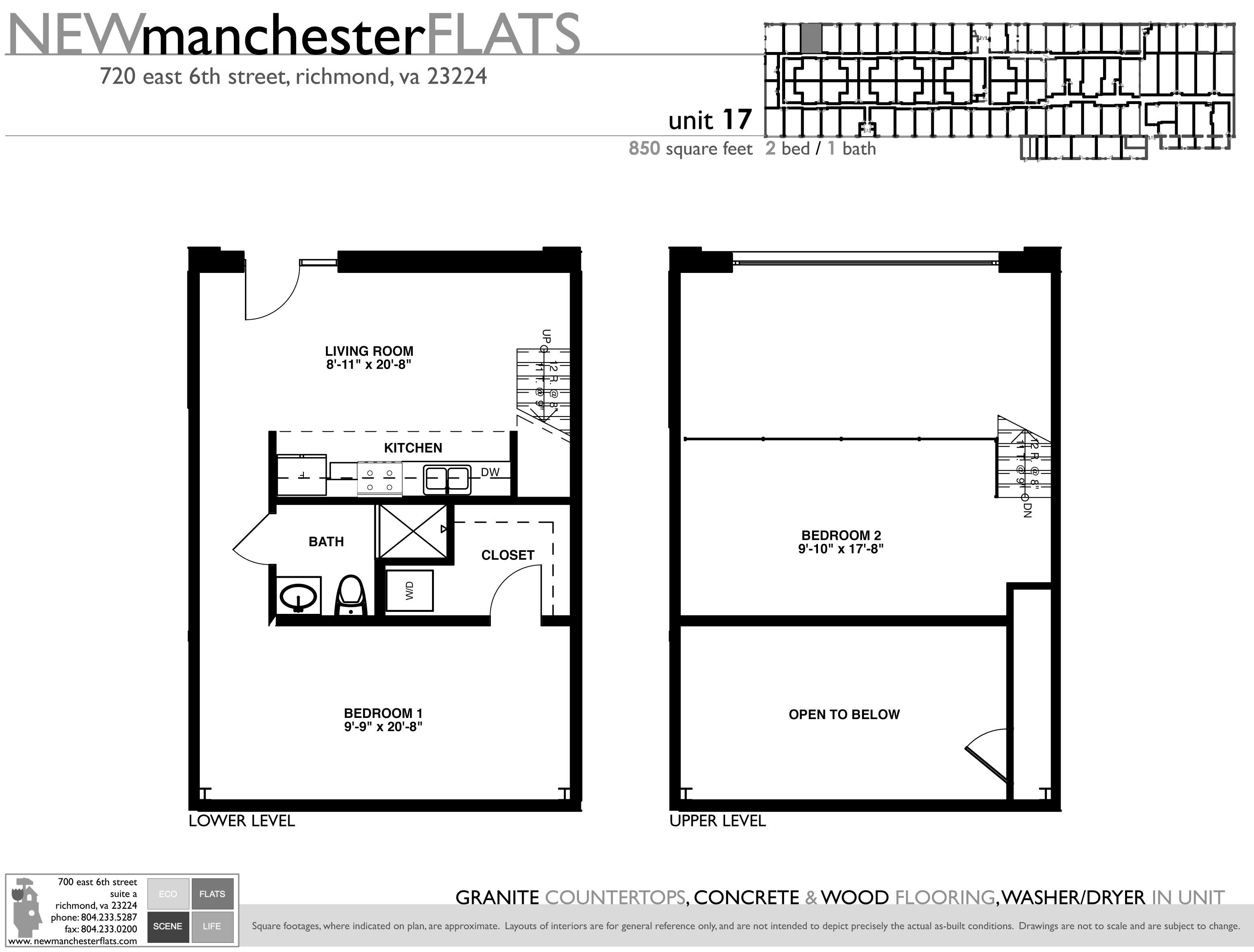 A floor plan for a unit at New Manchester Flats shows a living room, kitchen, two bathrooms, and a closet.